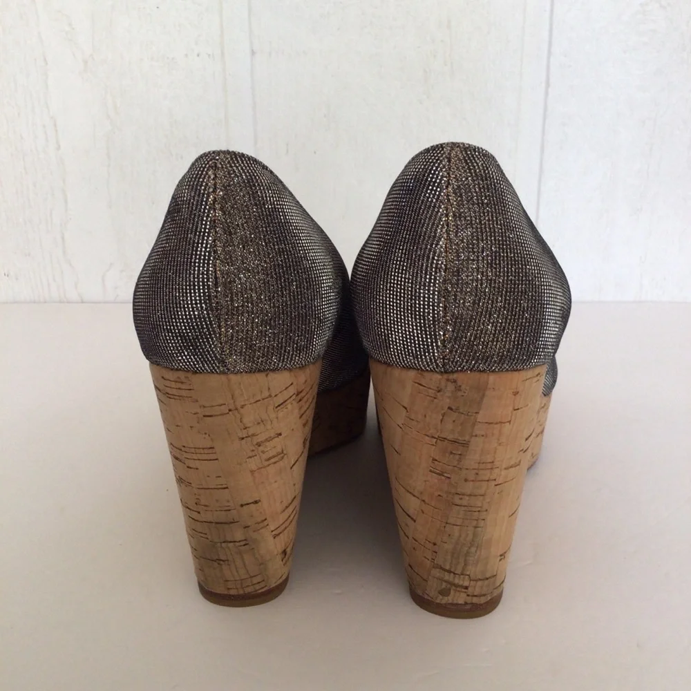 STUART WEITZMAN CORKSWOON BRONZE GLITTER CORK PLATFORM WEDGE SHOES SIZE …